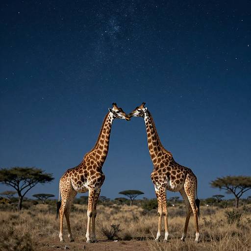 Photograph of two giraffes standing face-to-face under a starry night sky in an African savanna with acacia trees in the background.