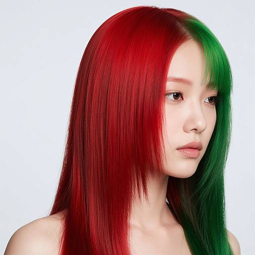 Photograph of a young woman with long, straight, vibrant red and green hair, fair skin, and neutral expression, against a white background.