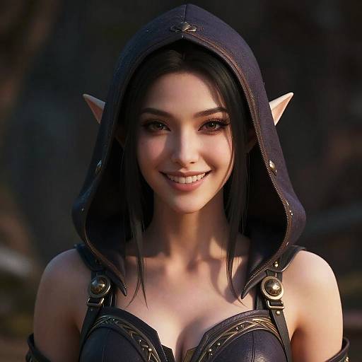 Digital CGI image of a smiling elf woman with pale skin, black hair, pointed ears, wearing a dark hooded outfit with straps.