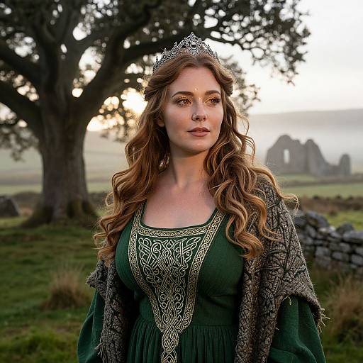 Photograph of a fair-skinned woman with long wavy brown hair, wearing a silver tiara, green medieval dress, and gray shawl,