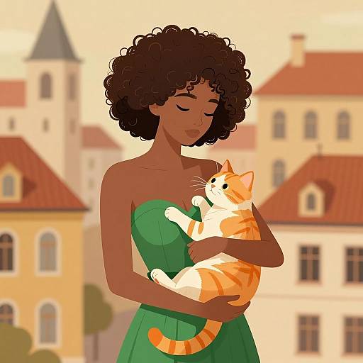 Whimsical Portrait of Woman and Cat