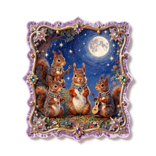 Illustration of six red squirrels, adorned with flowers, singing and playing guitars under a full moon in a starry night sky, framed with orn