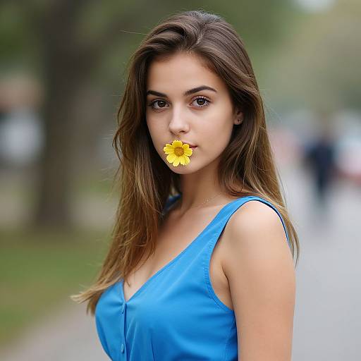 Photograph of a young woman with long brown hair, wearing a blue sleeveless top, holding a yellow daisy in her mouth, standing in a