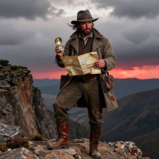 Photograph of a rugged bearded man in a brown coat, hat, and boots, holding a map and compass, standing on a rocky mountain peak