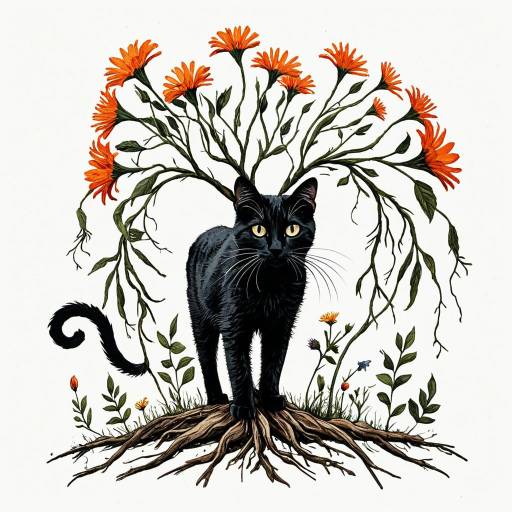 Curious Cat with Vibrant Floral Roots Curious Cat with Vibrant Floral Roots