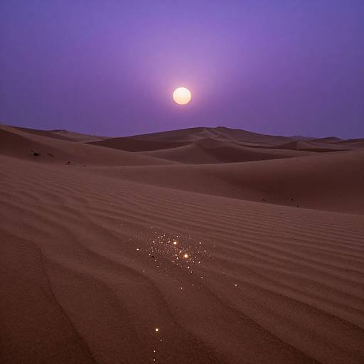 Photograph of a desert at twilight with purple sky, glowing full moon, ripples in sand, and scattered sparkling lights in foreground.