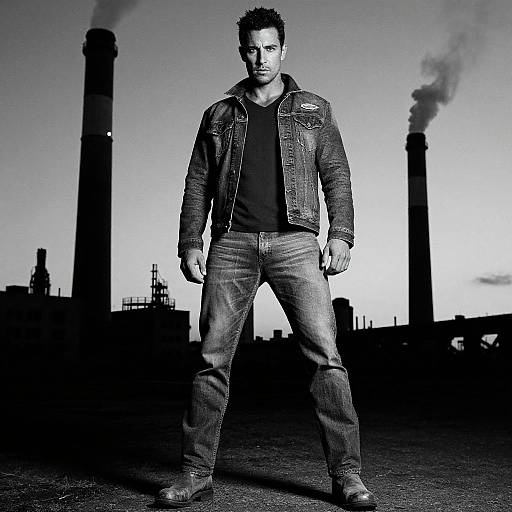 Photograph of a muscular man with short, spiked hair in a black t-shirt, denim jacket, and jeans, standing confidently in front of industrial smoke