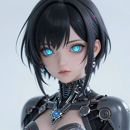 CGI image of a pale-skinned, black-haired anime girl with glowing blue eyes, wearing a high-tech black leather and metal collar, against a