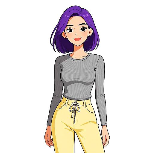Digital anime-style drawing of a smiling woman with purple hair, wearing a gray long-sleeve top and yellow pants, white background.