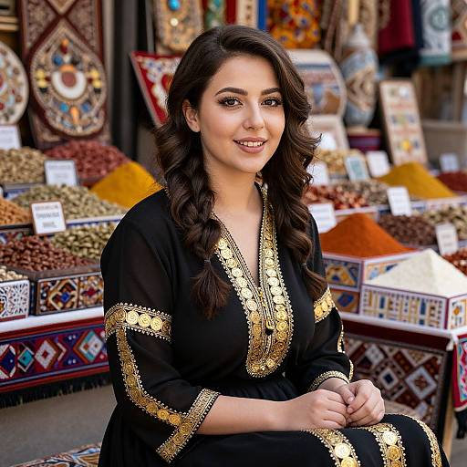 Photograph of a smiling South Asian woman with long, wavy dark hair, wearing a black traditional outfit with gold embroidery, seated in a colorful spice