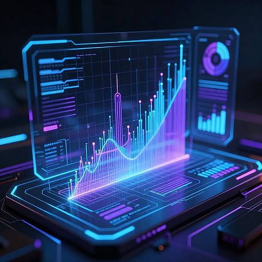 Neon blue and purple digital graph on a futuristic laptop screen, featuring a rising line graph and circular chart, illuminated in a dark, high-tech environment