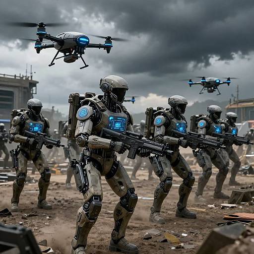 Photorealistic CGI of futuristic robotic soldiers with blue holographic displays, wielding assault rifles, in a stormy, war-torn urban battlefield with hovering