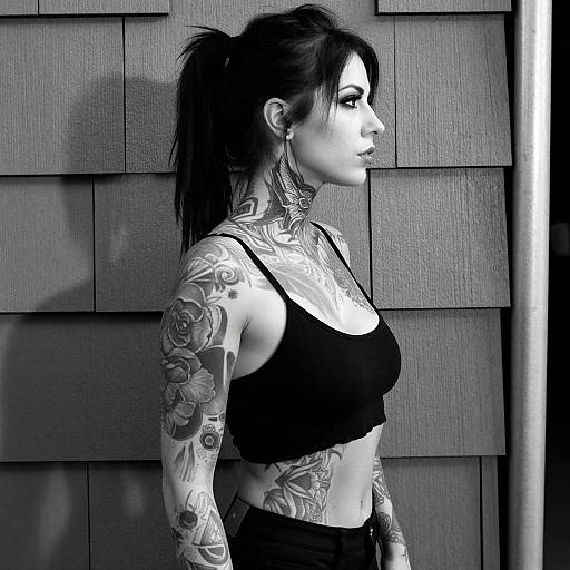 Black-and-white photograph of a tattooed woman with a ponytail, wearing a black crop top, standing against a wooden shingle wall.