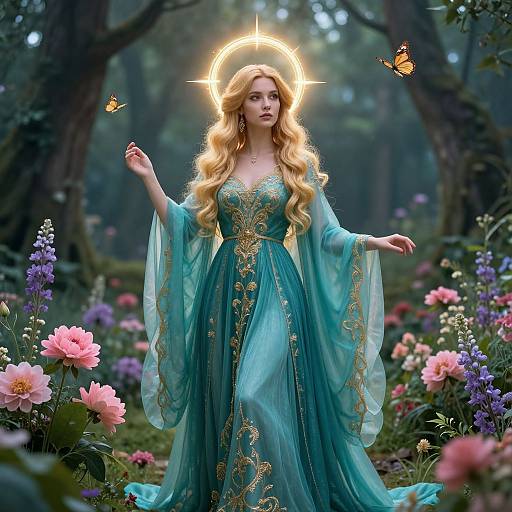 Digital artwork of a blonde, fair-skinned angelic woman in a turquoise, gold-embroidered gown, haloed, surrounded by butterflies and