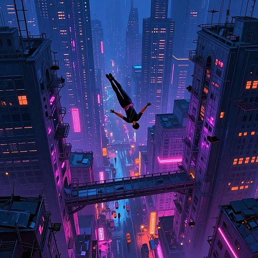 Digital art of a person mid-leap between skyscrapers in a neon-lit, futuristic cityscape at night, featuring vibrant pink, blue,