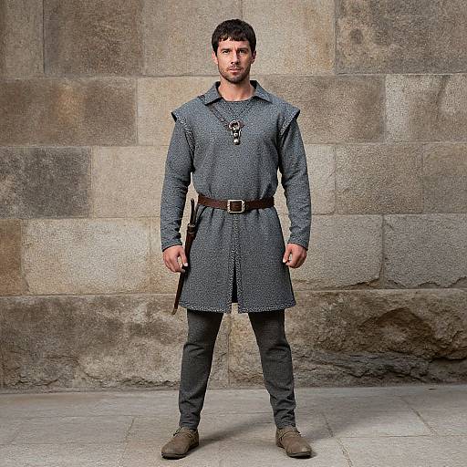 Photograph of a bearded man in medieval-style gray tunic, black pants, brown belt, and boots, standing against a stone wall.