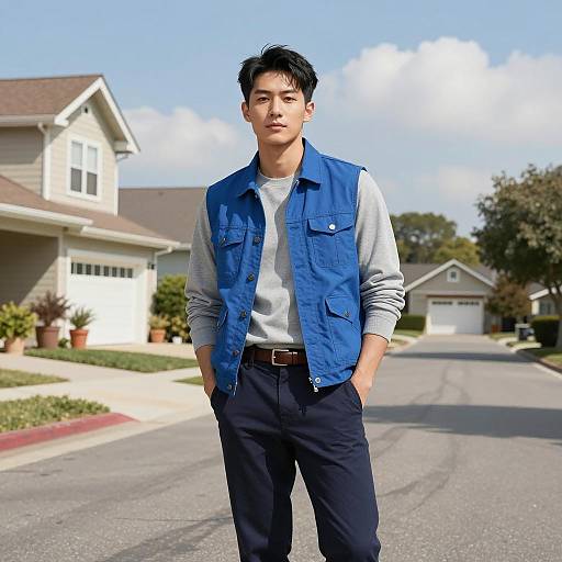 Young Asian man in blue vest on suburban street