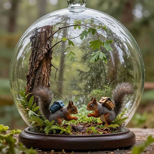 Photograph of a glass snow globe with two squirrels, one with a blue backpack and the other with a brown bag, inside a forest scene with