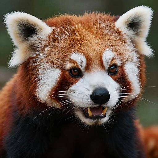 Close-up photograph of a red panda with vivid reddish-brown fur, white facial markings, and black nose, showing sharp teeth in a slightly open