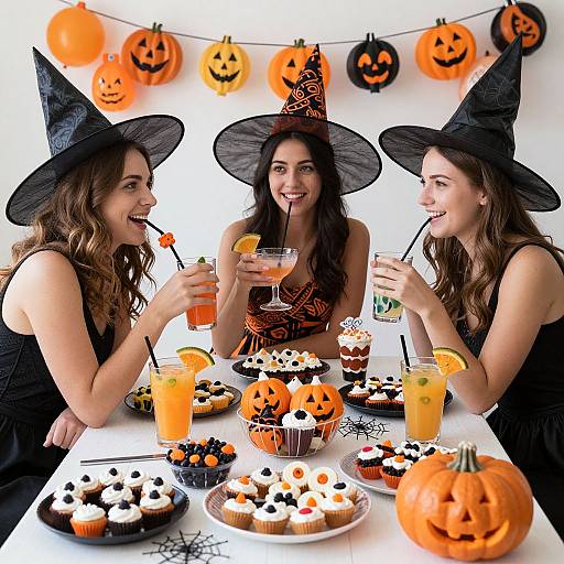 Three women in black dresses and witch hats, smiling, sipping Halloween-themed drinks at a table with pumpkin decorations and spooky treats. Photograph.