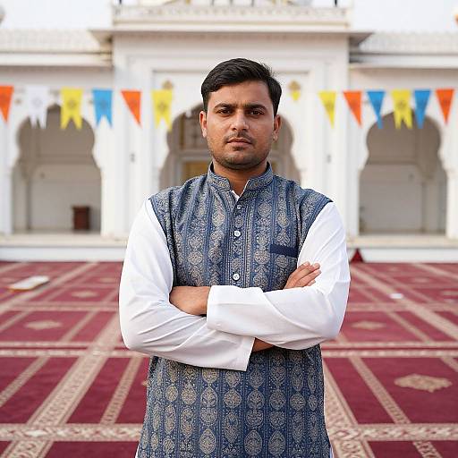 Photograph of a young South Asian man with short black hair, wearing a blue patterned vest over a white shirt, standing with arms crossed in front