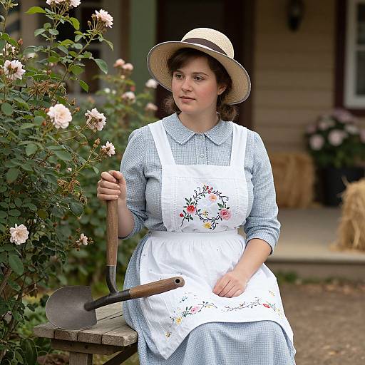 Photograph of a fair-skinned woman in a white floral apron, blue checkered dress, straw hat, holding a shovel, seated by pink