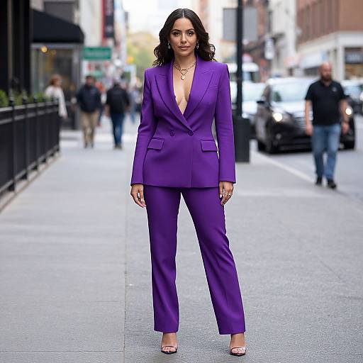 Photograph of a confident woman with wavy black hair, wearing a deep purple, tailored suit with a plunging neckline, white open-toe heels