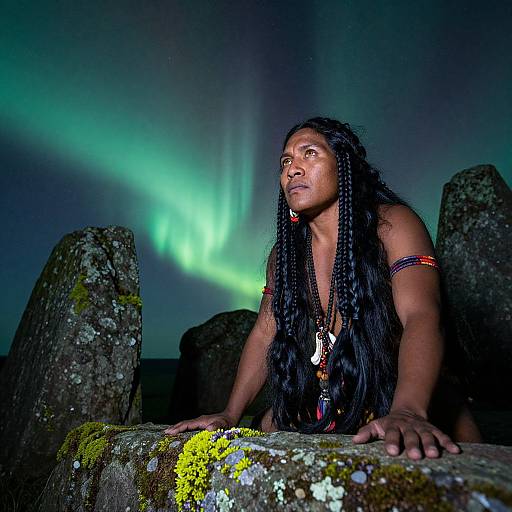 Photograph of a muscular, dark-skinned man with long braids and tribal arm bands, gazing at green Northern Lights, kneeling on mossy