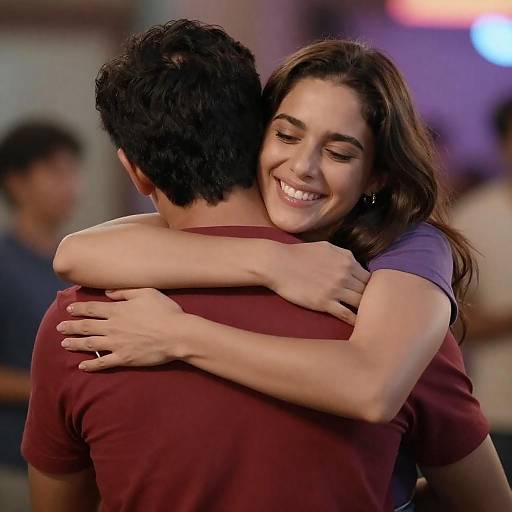 Joyful Embrace Under Colorful Lights