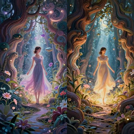 Digital fantasy artwork of two ethereal women in glowing dresses, walking through a mystical, illuminated forest with twisted trees and vibrant flowers.