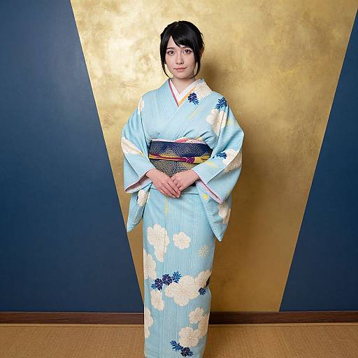 Photograph of a young Asian woman in a light blue floral kimono, black obi belt, standing against a gold and blue backdrop.