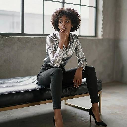 Photograph of a black woman with curly hair, wearing a silver blouse and black pants, sitting on a black leather bench, hand to mouth, in