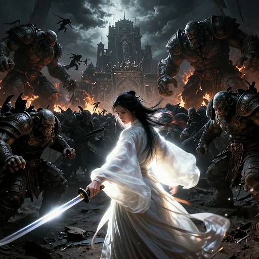 Digital painting of a dark-haired woman in a white robe wielding a glowing sword, surrounded by armored, monstrous warriors in a fiery battlefield, with a go