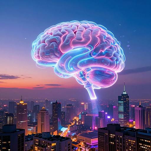 Neon-lit, glowing brain hovering above a vibrant city skyline at sunset, with skyscrapers and colorful lights in the background. Digital artwork.