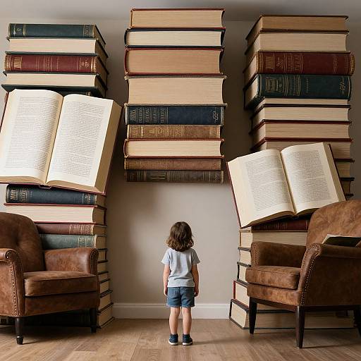 Photograph of a young child in a white shirt and blue shorts standing before three tall stacks of floating books and leather chairs.