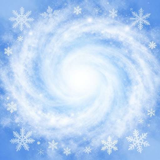 Digital artwork of a bright white, glowing center surrounded by blue, cloudy edges adorned with white, intricate snowflakes.