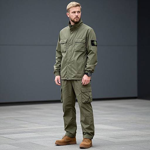 Photograph of a blonde, bearded man in olive green military-style jacket and cargo pants, standing on a gray tiled floor against a dark blue background