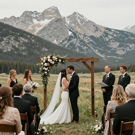 Photograph of an outdoor wedding ceremony with mountain backdrop, bride in white gown kissing groom in black suit, surrounded by guests.