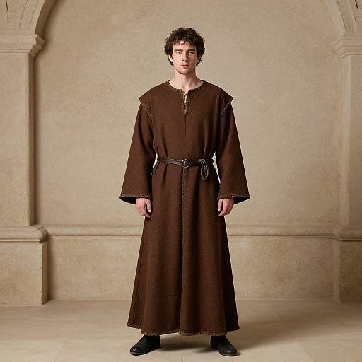 Photograph of a curly-haired man in a long, dark brown medieval-style tunic with black trim, standing in a beige stone archway.