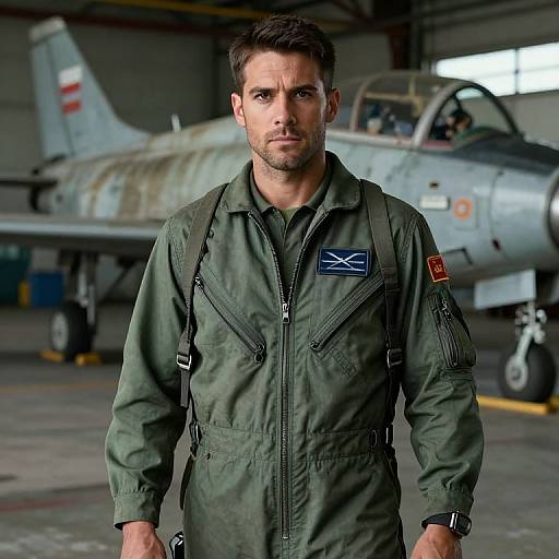 Photograph of a serious, bearded man in a green flight suit standing in front of a worn military jet inside a hangar.