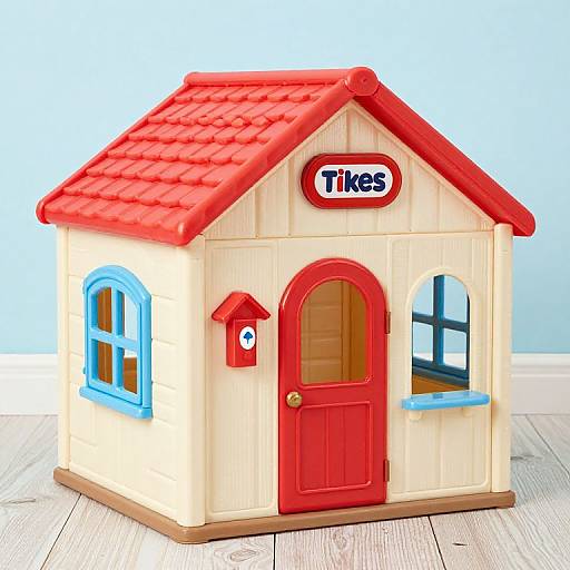 Photograph of a wooden toy house with red roof, red door, blue window frames, and 