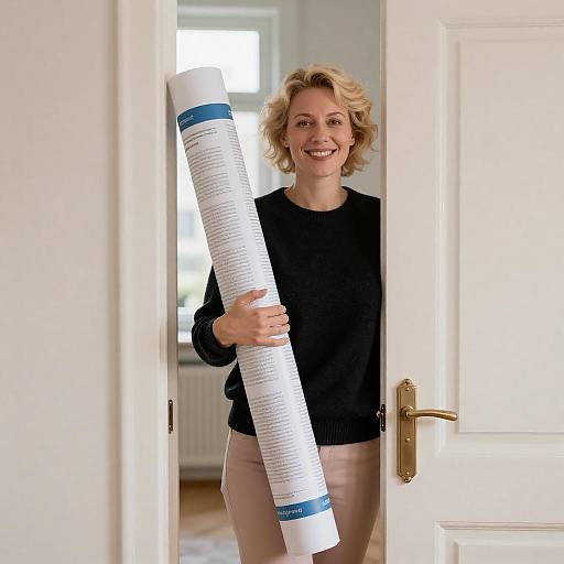 Smiling Blonde in Doorway with Poster