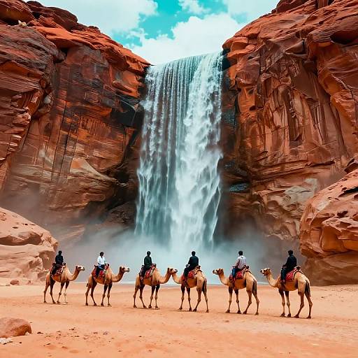 Photograph of six camels with riders, standing before a towering, cascading waterfall in a red rock canyon, under a blue sky.