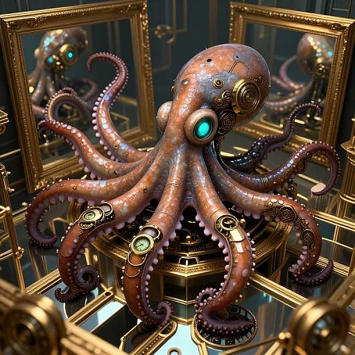 Steampunk-style, glowing-eyed bronze octopus with intricate mechanical details, surrounded by gold-framed mirrors on a reflective, geometric surface. Digital CGI