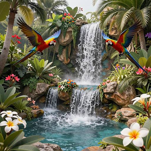 Exotic Garden Waterfall with Flying Macaws