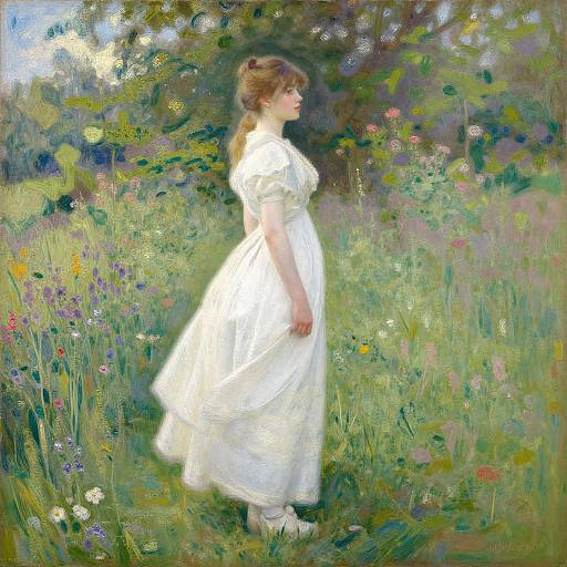 Impressionist painting of a young woman in a white dress standing in a sunlit meadow, surrounded by colorful wildflowers and greenery.