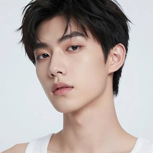 Photograph of a young Asian man with fair skin, short black hair, and neutral expression, wearing a white shirt, against a plain white background.