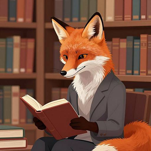 Digital illustration of an anthropomorphic fox in a gray suit, reading a book in a library with colorful bookshelves.