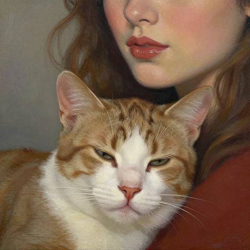 Photograph of a woman with fair skin and red lipstick, partially visible, holding a orange-and-white tabby cat with a calm expression.