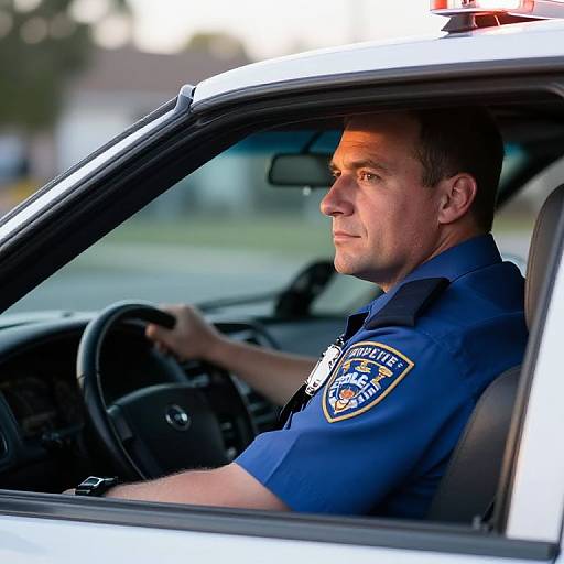 Photograph of a serious male police officer in a blue uniform, driving a white police car with red lights on.